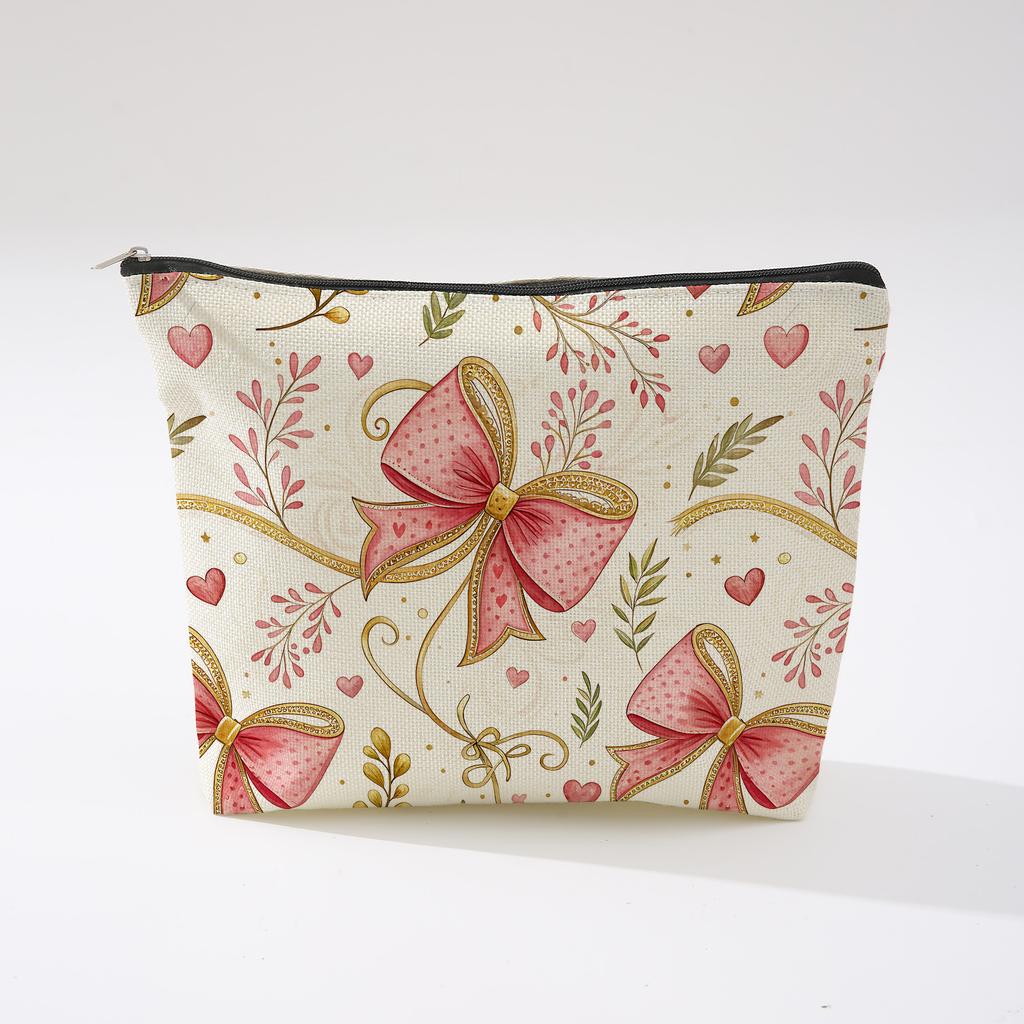 Pink Bowknot Zipper Storage Bag Travel Portable Wash Pouch Student Pencil Case Multi-Purpose Organizer for Women