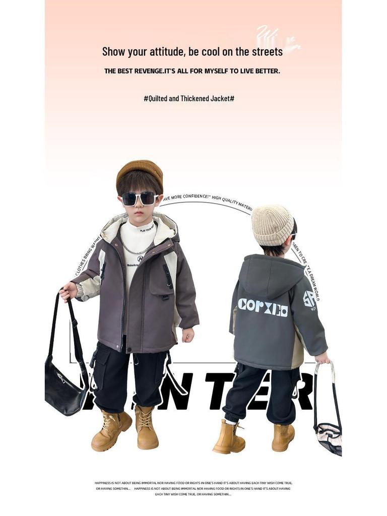 Children's 2025 Stylish Warm Streetwear Jacket - Cool and Handsome Boys' Autumn Winter Plus Velvet Thick Cotton Top