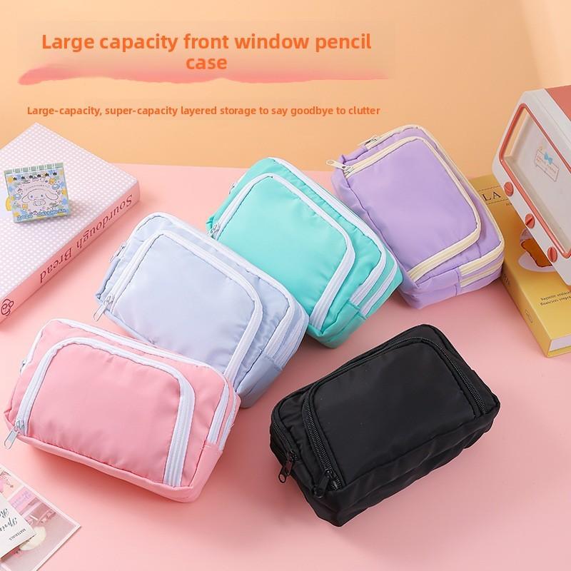 Basic Polyester Three Layer Pencil Case With Clear Window For Students And Office Use