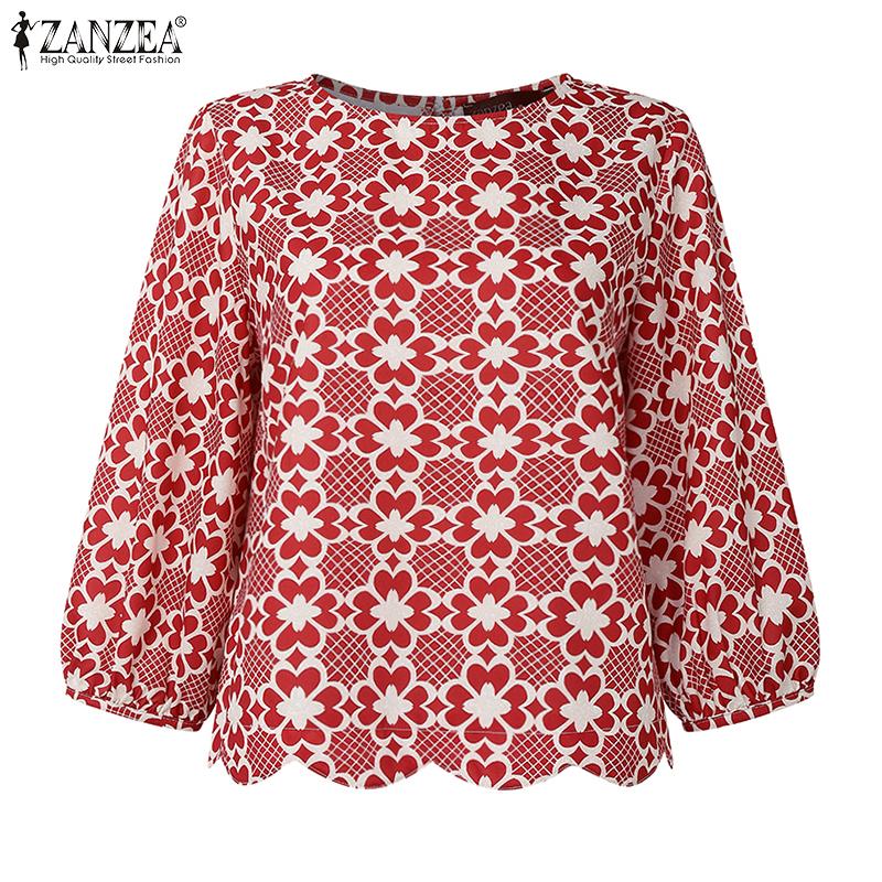 ZANZEA Women Casual Round Neck 3/4 Sleeve Loose Print Blouse