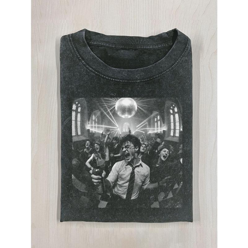 

European sizes Vintage Washed T-Shirt with Retro 70s/80s Disco Ball & Dance Party Print - Elastic Fit Short Sleeve Crew Neck S чёрный