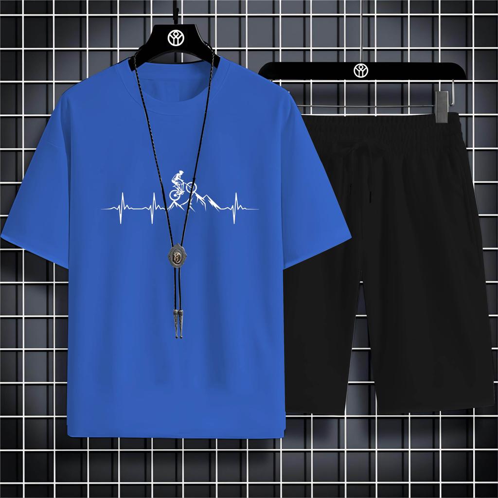 Sommermode Outdoor-Sport-Stil 2D-Cartoon-Fahrraddruck Herren-T-Shirt mit Rundhalsausschnitt und Hosenset Bequem und schnell trocknend