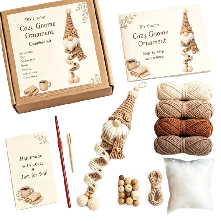 Crochet Dwarf Set with Printed Instructions and Knitting Supplies, Hanging Ornament Making Set for Shelf or Tree Decoration