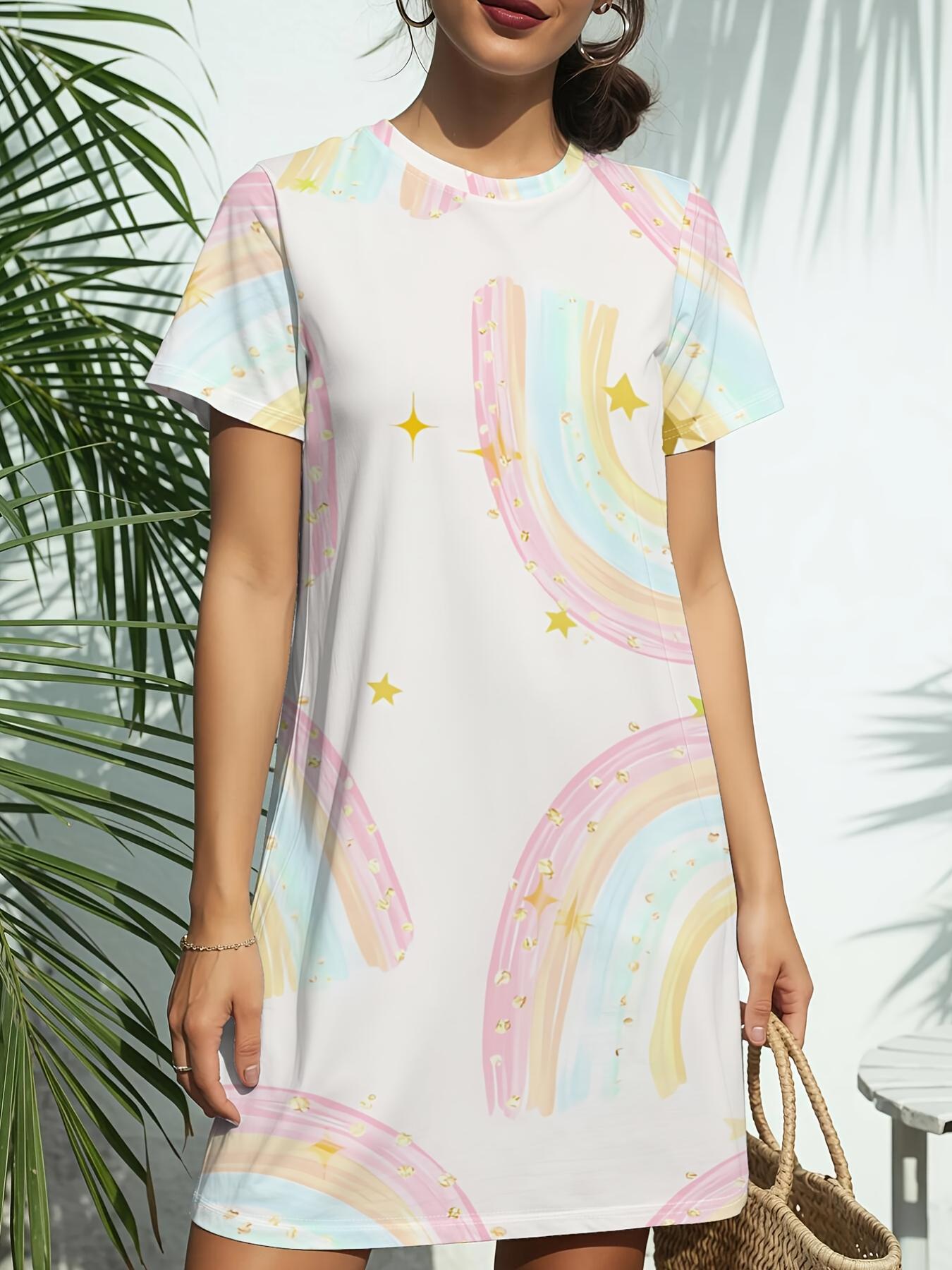 

New Women S Round Neck Short Sleeve T-Shirt Dress with a Rainbow Gradient Print. Featuring American Trendy Digital Printing. Perfect for Casual Spring M дубильная кора