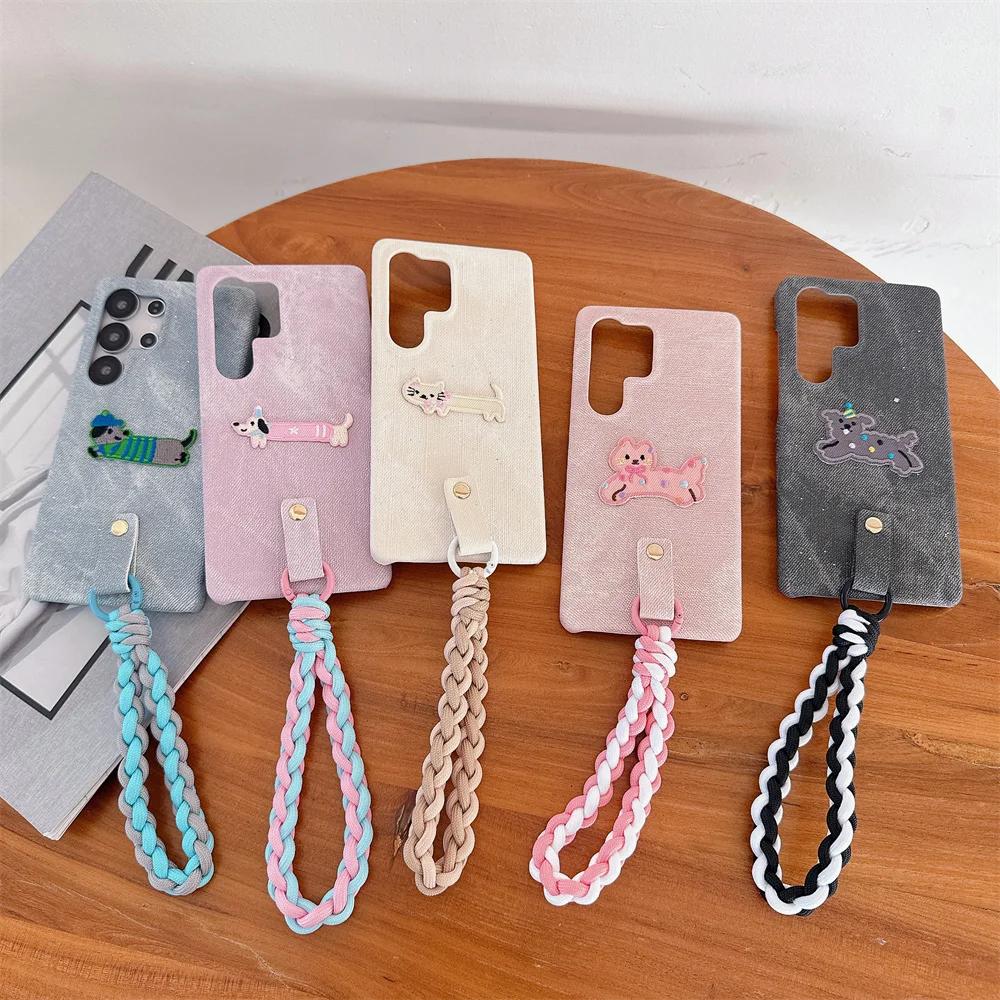 Wrist Strap Weave Cartoon Shockproof Phone Case for Samsung S25 S24 S23 Ultra Galaxy S25 S24 S23 Cowboy Leather Protective Cover