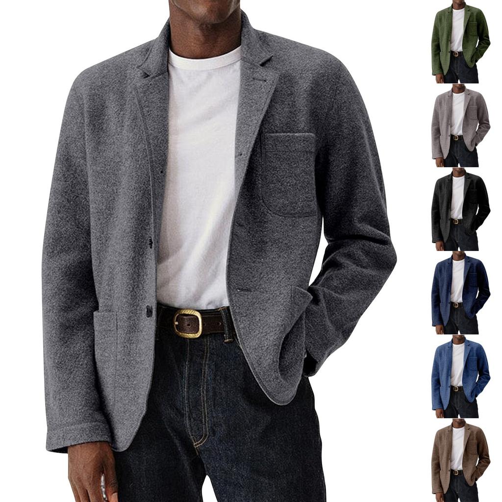Men's Solid Color Woolen Coat Men's Pockets Button Casual Jacket