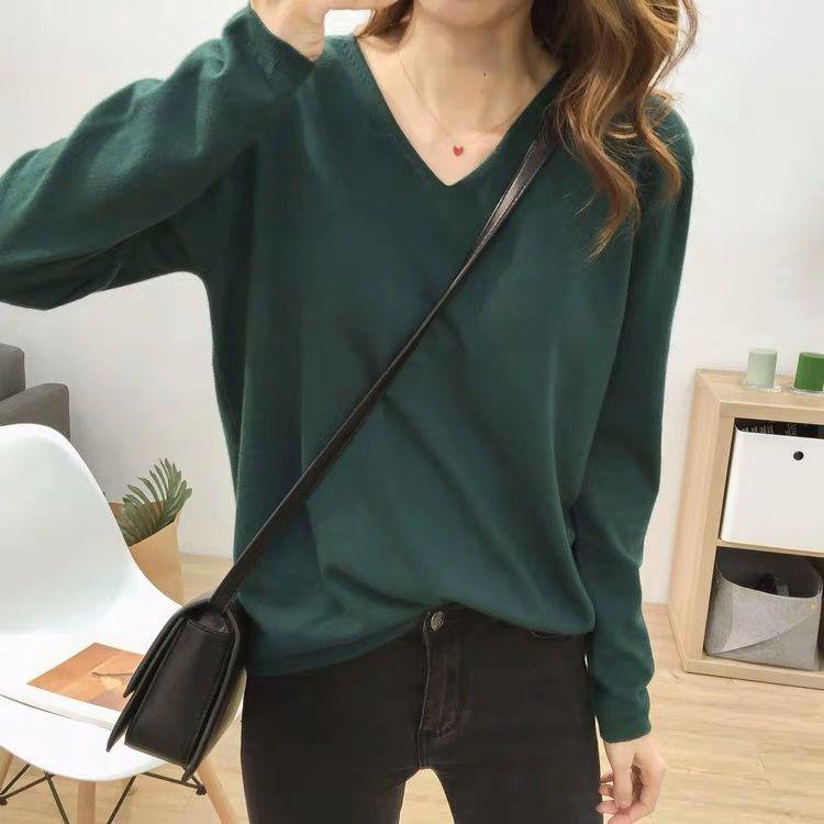 Women's V-Neck Knit Sweater: Large Size, Loose Fit, Slimming, Solid Color, Perfect for Early Autumn and Winter