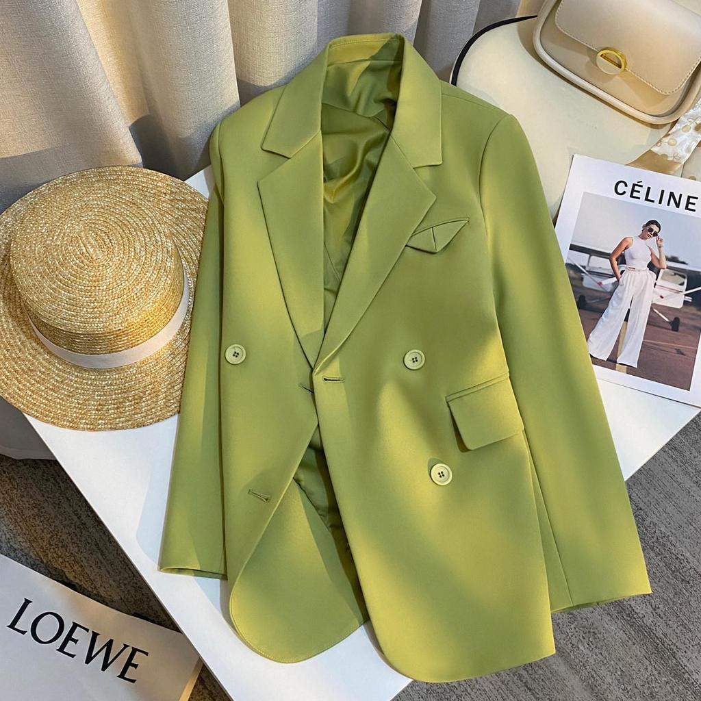 Women's Double-Breasted Slim Straight Green Suit Jacket - Stylish Spring/Autumn 2026 New Arrival