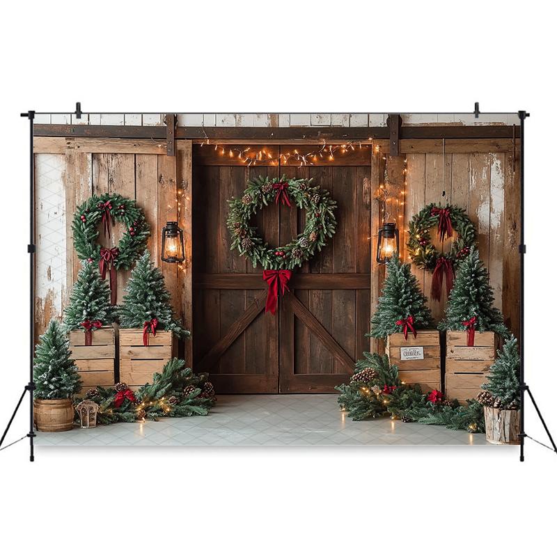 Mocsicka Christmas Wood Door Background Photography Room Wreath Tree Wall Backdrop Shooting Props Party Decoration Studio Banner