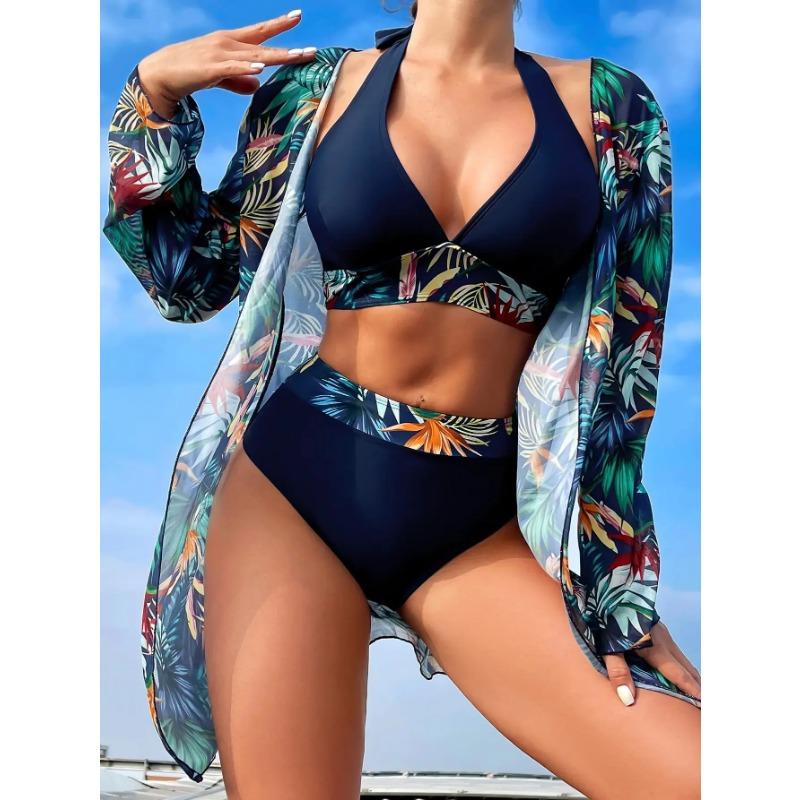 Neckholder Print Bikini Sets 3PCS Damen Badeanzug Mit Kimono Hohe Taille Bademode Weibliche Badegäste Baden Schwimmen Badeanzug Strandbekleidung