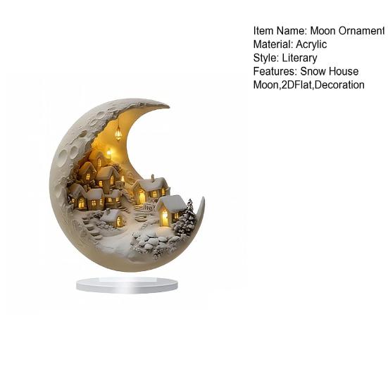 Yousheng Snow House Moon Acrylic Ornament 2D Flat Half Moon Table Sign with Base Home Office Desktop Decoration Ornament