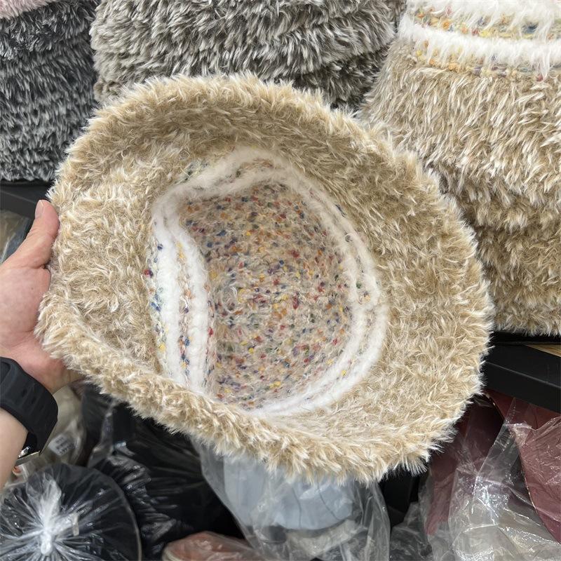 Plush bucket hat women's autumn and winter versatile face small European bucket hat thickened warm knitted basin hat winter