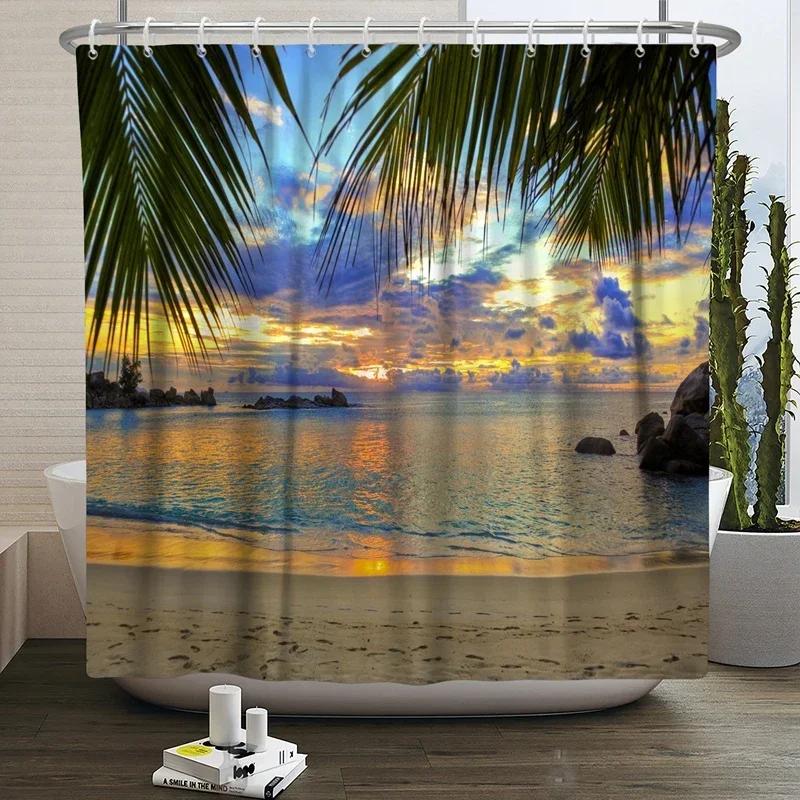 Summer Seaside Shower Curtains Ocean Beach View Coconut Trees Bath Curtain Polyester Fabric Bathroom Restroom Decor With Hooks