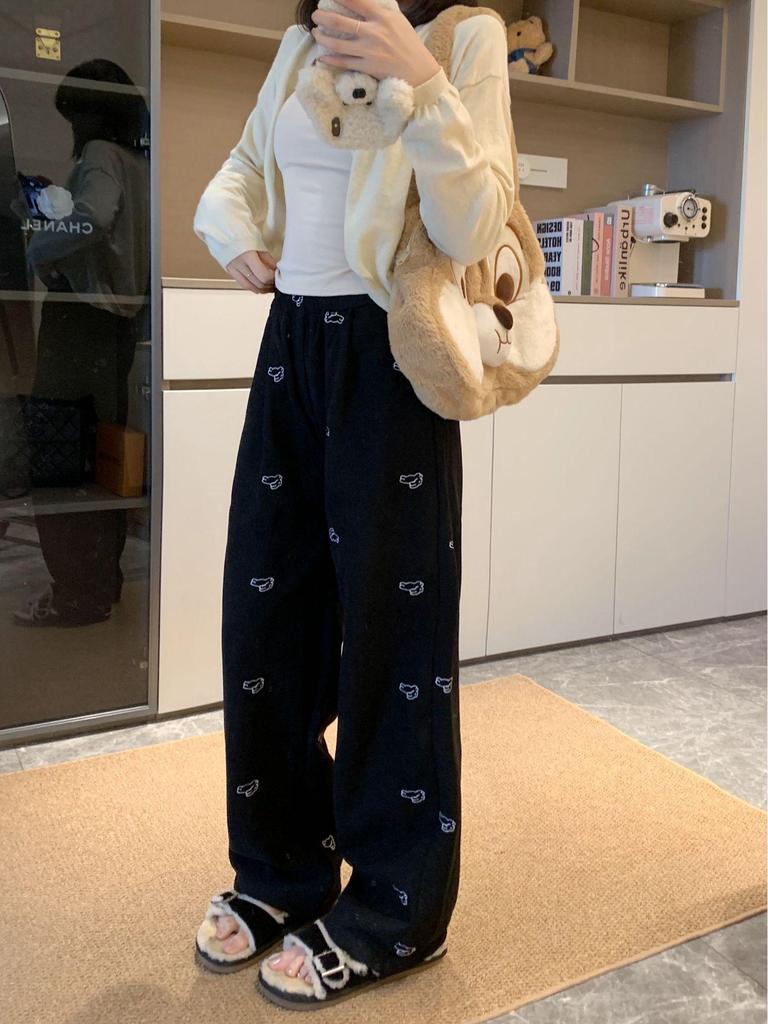 Women's Plus Size Retro Corduroy Rabbit Embroidery Straight-Leg Pants for Autumn Winter