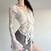 Damen Weiße Spitze Bluse Lange Glockenärmel Rüschen Krawatte Vorne Ausgestellter Saum Mode Top