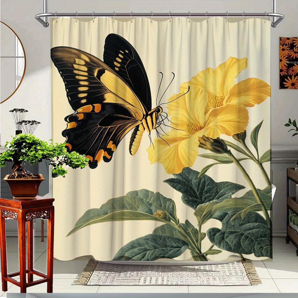 

1Pc Elegant Botanical Shower Curtain With Hooks - Vibrant Butterfly & Yellow Flower Design, 70.8X70.8 Inch High Quality Bathroom W60H190(CM)-1 Pcs