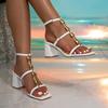 Women Sandal Summer Fashion Sexy Gold Black Stone Ankle Strap Open Toe Square Head Women Stiletto High Heels Banquet Party Shoes