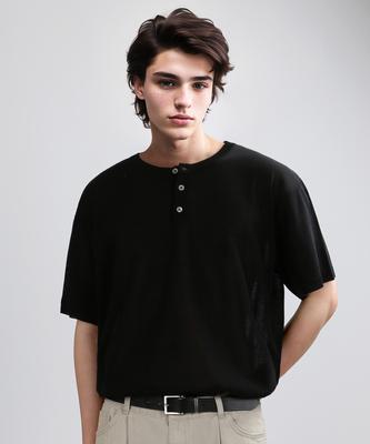 VERYVAIN Henley Neck Half Mesh-Knit (Black)