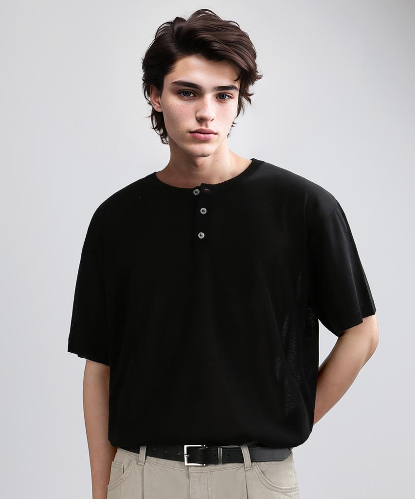 VERYVAIN Henley Neck Half Mesh-Knit (Black)