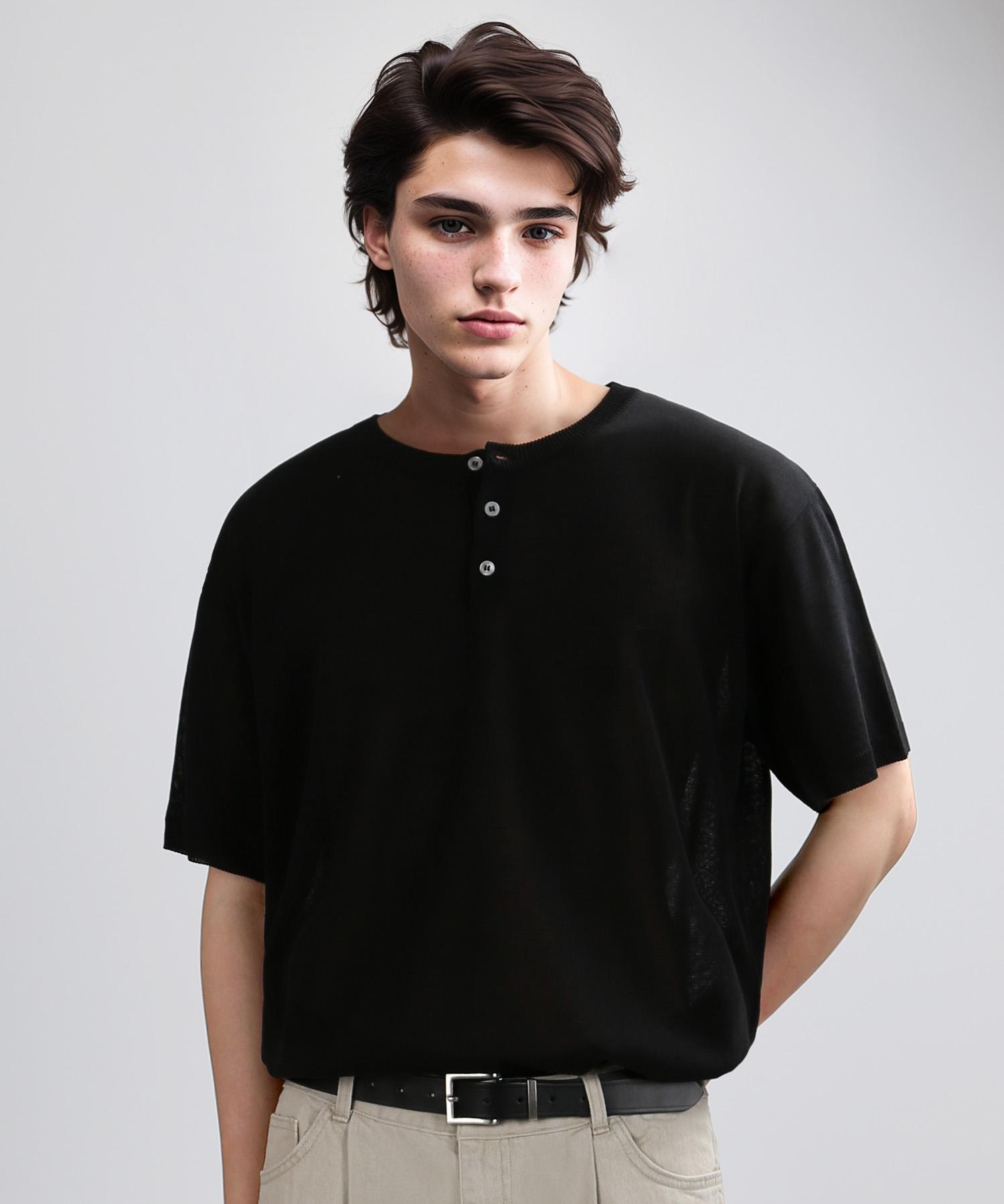 Berry Vein Henley Neck Half Mesh-Knit (Black) M