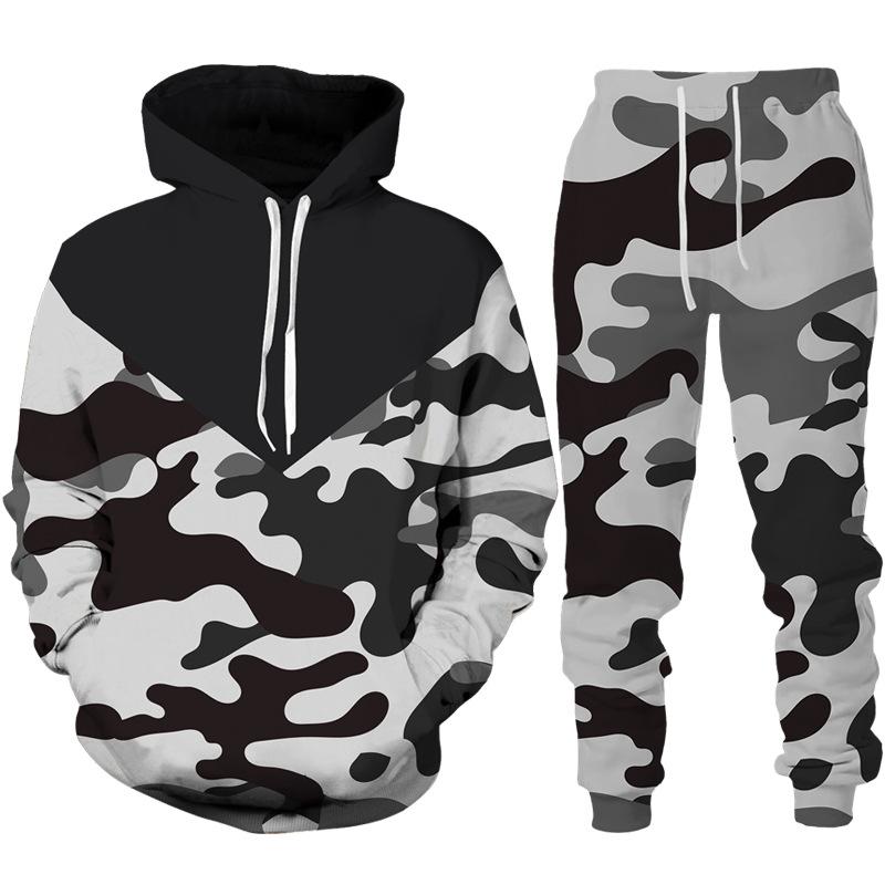 Nuovo Completo Tuta con Cappuccio e Pantaloni da Uomo Camouflage Stampa Felpe con Cappuccio Tute Sportive Casual Abbigliamento alla Moda da Uomo Set da 2pz
