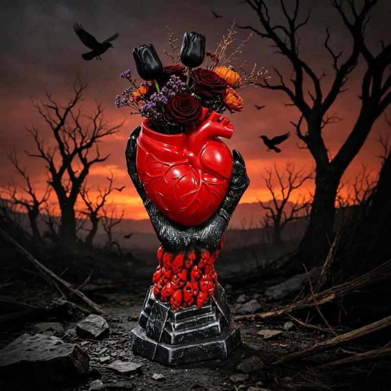 Gothic Anatomical Heart Resin Vase Unique Skull Base Perfect For Halloween Decor Dark Home Party Ornaments