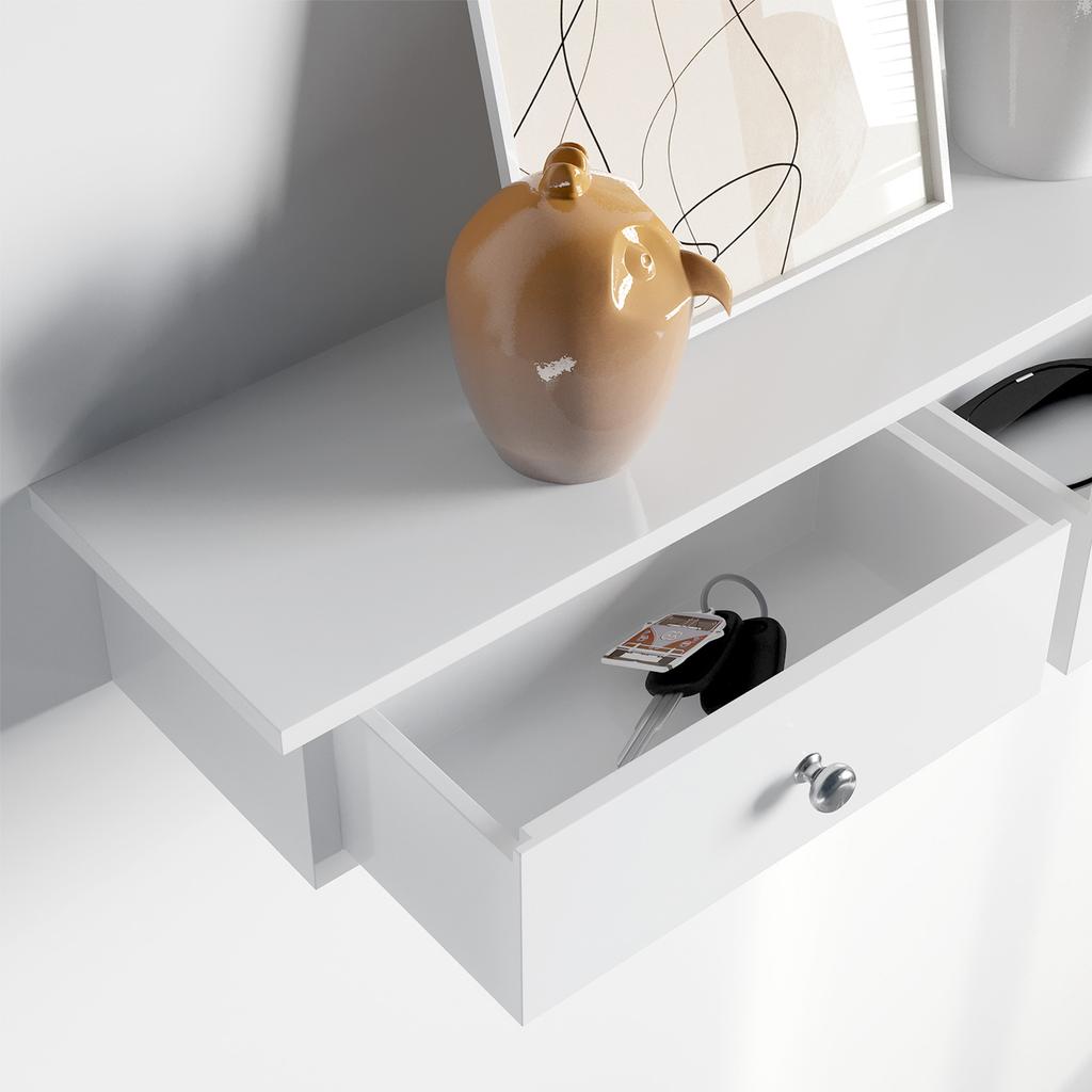 SONGMICS Floating Wall Shelf with 3 Drawers, Hallway Storage Shelf, 80 x 15 x 10 cm, Living Room, Bedroom, Kitchen, High Gloss Paint, White
