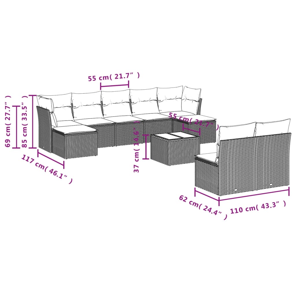 Vidaxl 10-Cz. Set da Giardino, Cuscini Rattan Nero Pe