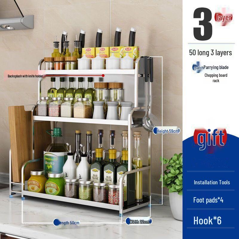 Stainless Steel Multi-layer Kitchen Rack: Spice, Knife Holder & Storage