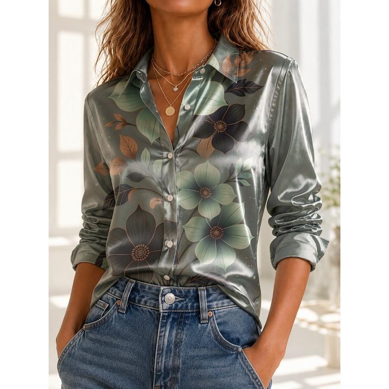 Women Silk Look Satin Shirt Long Sleeve Button Down Blouse Casual Office Work Tops Elegant Fashion Plus Size S-3XL Modern Trend