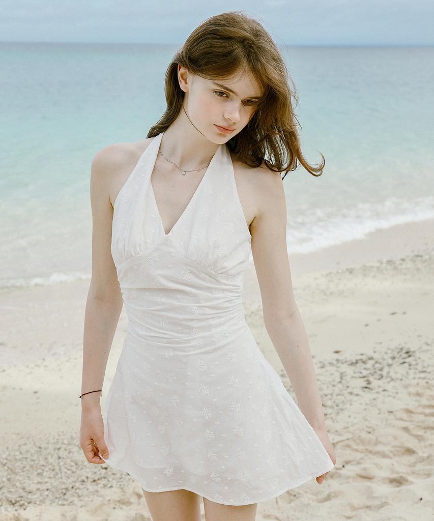 LETTER FROM MOON Bella Lace Punching Halterneck Dress (White)