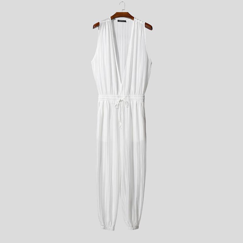 

INCERUN Men Deep V Sleeveless Transparent Striped Mesh Sheer Long Jumpsuits Rompers XL белый