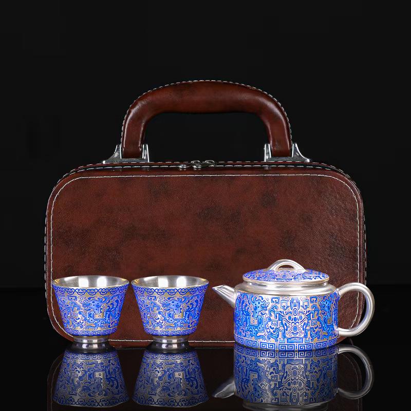 Handcrafted Dunhuang Silver-Plated Tea Set: Portable Kung Fu Gift Box Souvenir