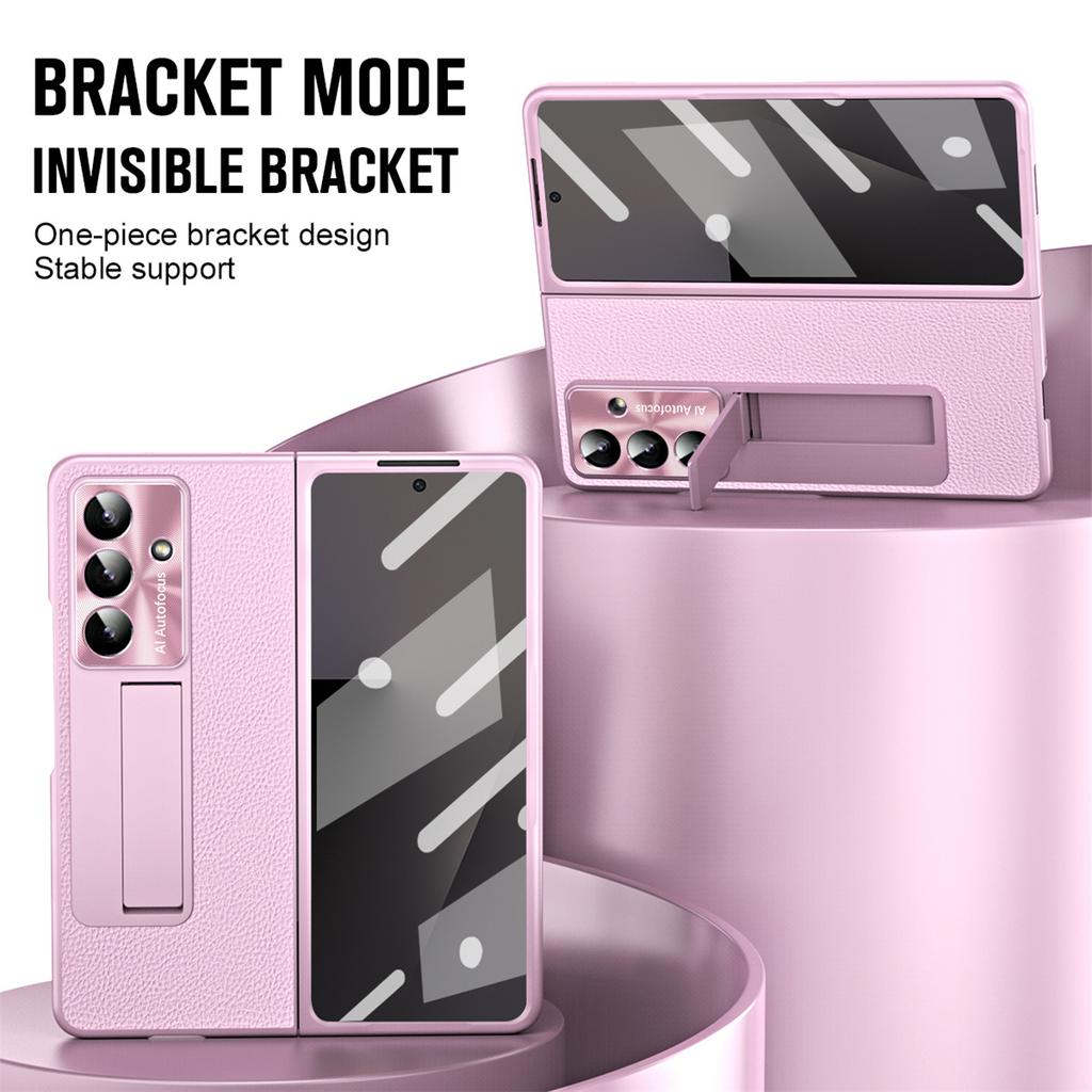 For Samsung Galaxy Z Fold7 5G Case Kickstand Leather+PC Phone Cover with Tempered Glass Film