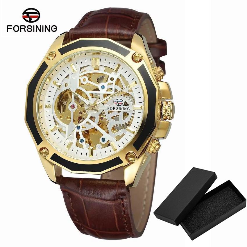 Fashion Forsining Top Brand Transparenthollow Luminous Hand Gear Movement Retro Royal Design Men Mechanical Skeleton Wrist Watch