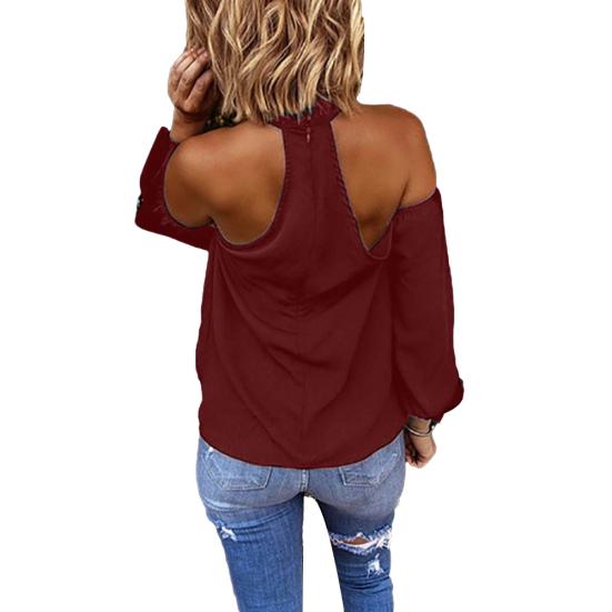Women Solid Color Long Sleeve Sexy Halter Off Shoulder Back Zipper Blouse Top