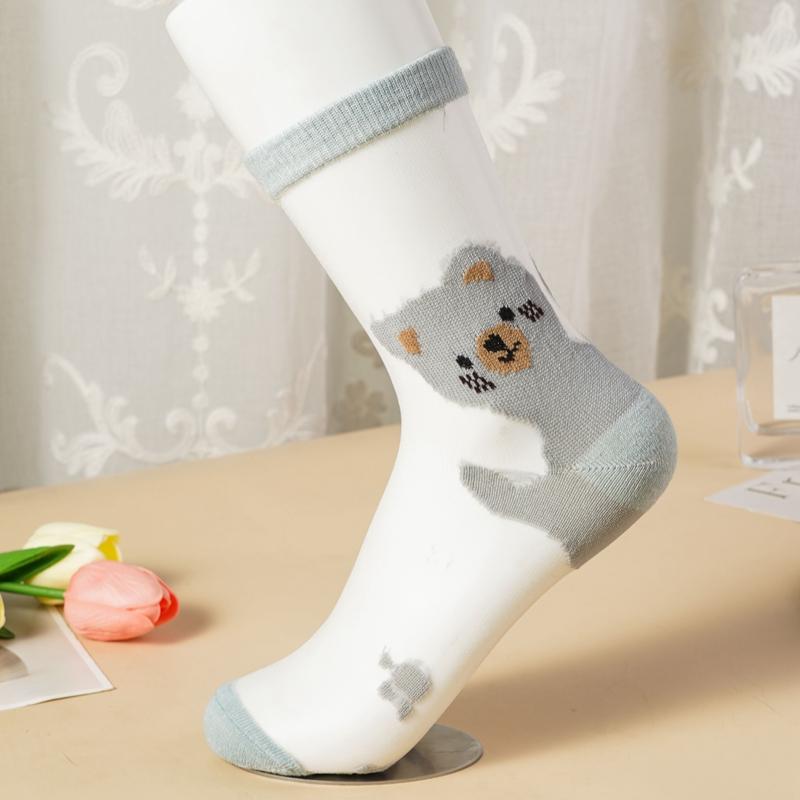 3/5 Pairs Cartoon Bear Sheer Mesh Socks for Women Breathable Transparent Ankle Socks Thin Summer Socks Cute Animal Pattern Socks