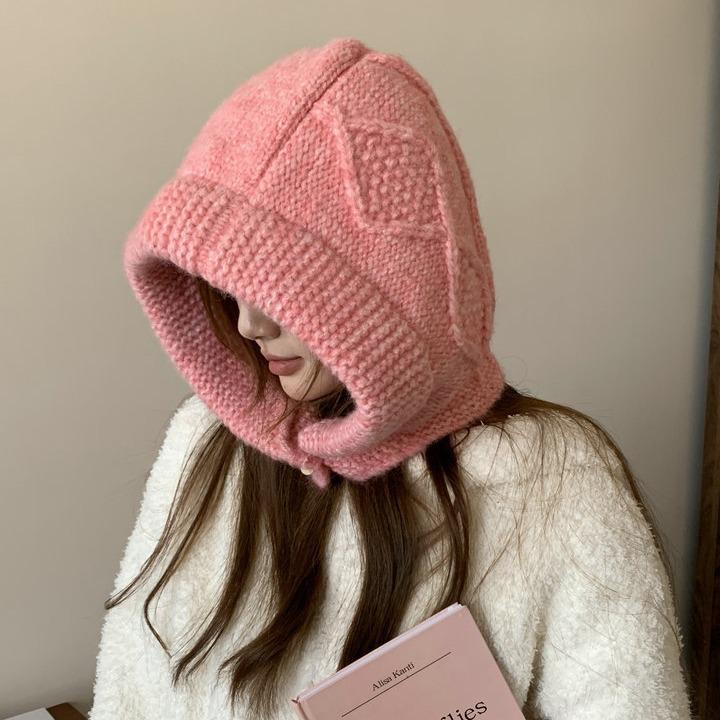 Wool Knitted Large Version Balaclava Hat Women's Warm Coarse Linen Pattern Horn Buckle Ear Protector Pullover Hat