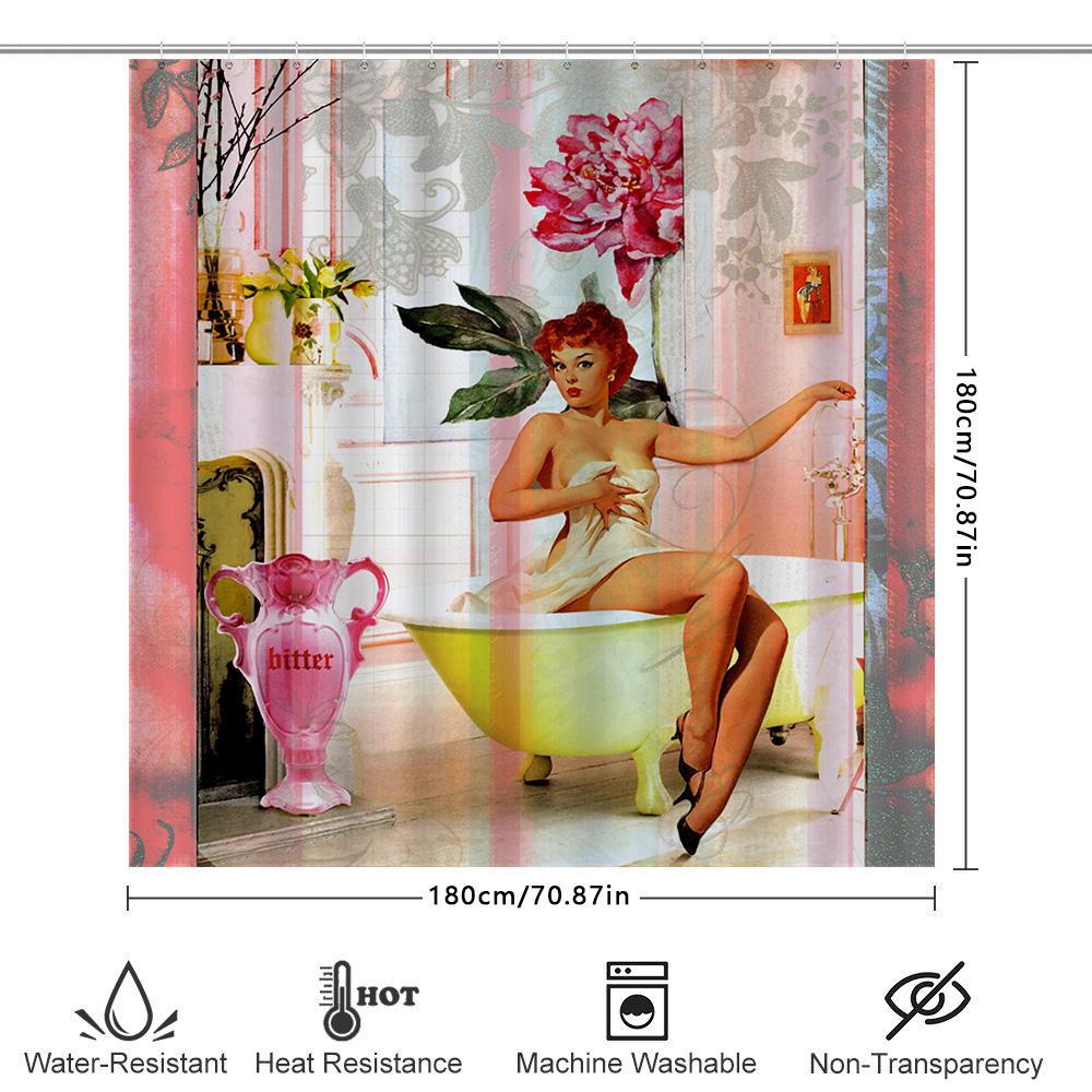 Vintage Bathing Suit Lady Shower Curtain Decorative Art Home Bathroom Decoration Pink Peony Floral Print, Classic Retro Style, B