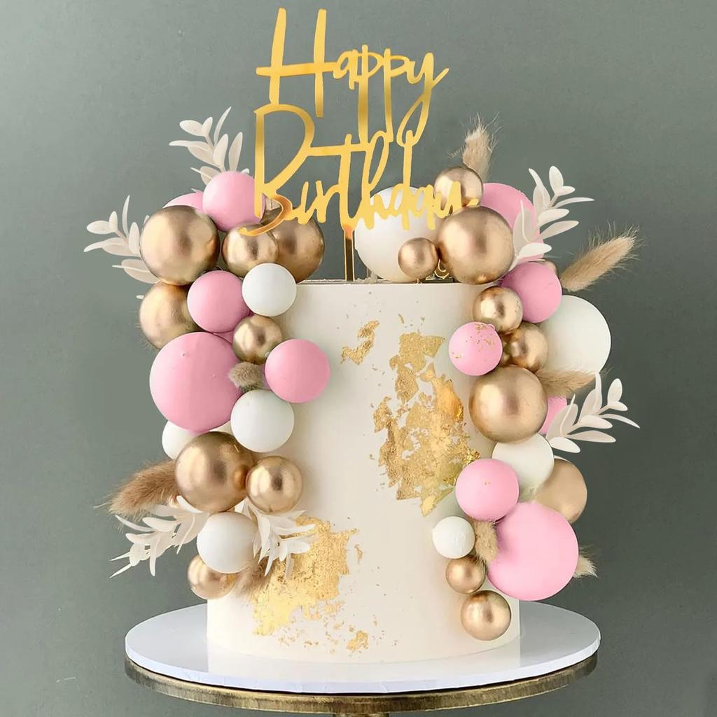 Balls Cake Topper Boho Grass Cake Topper Happy Birthday Cake Decorations for Wedding Birthday Boho Themed Party Supplies