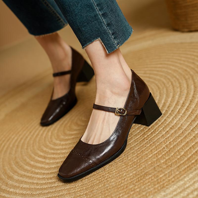 Fashion 2025 New Cow Leather Women Dress Shoes Chunky Heel Retro Mary Janes Shoes Shallow Round Toe Pumps Ankle Strap Ladies Office Shoe