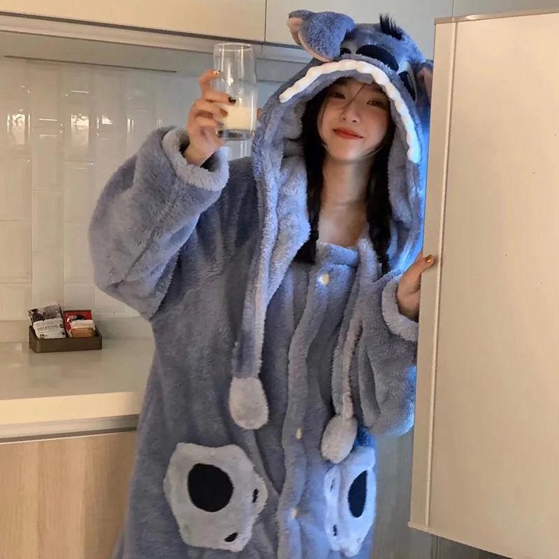 Stitch Cartoon Couple Pajamas - Autumn Winter Coral Fleece Long Robe Set for Men and Women