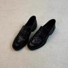 Cowhide Version~! Loafers Women's Retro British Style Round Head Rivet Pleated One Pedal Thick Heel Black Small Leather Shoes
