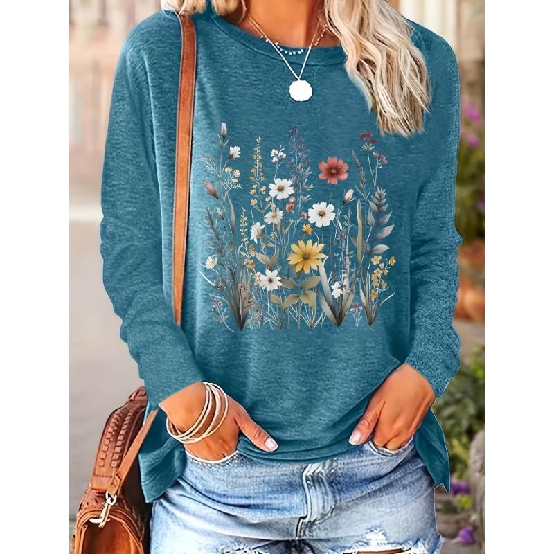 Top holgado de manga larga con cuello redondo y estampado floral para mujer