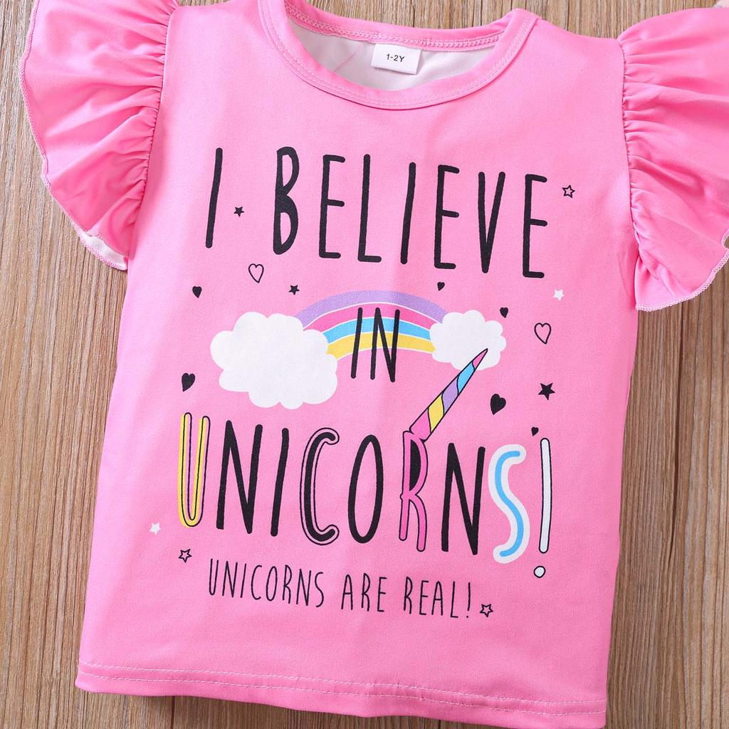 Girls 2 Piece Outfit 1-8Y Pink Unicorn Print T-Shirt with Shorts Set Kids Ruffle Sleeve Summer Clothing Sets