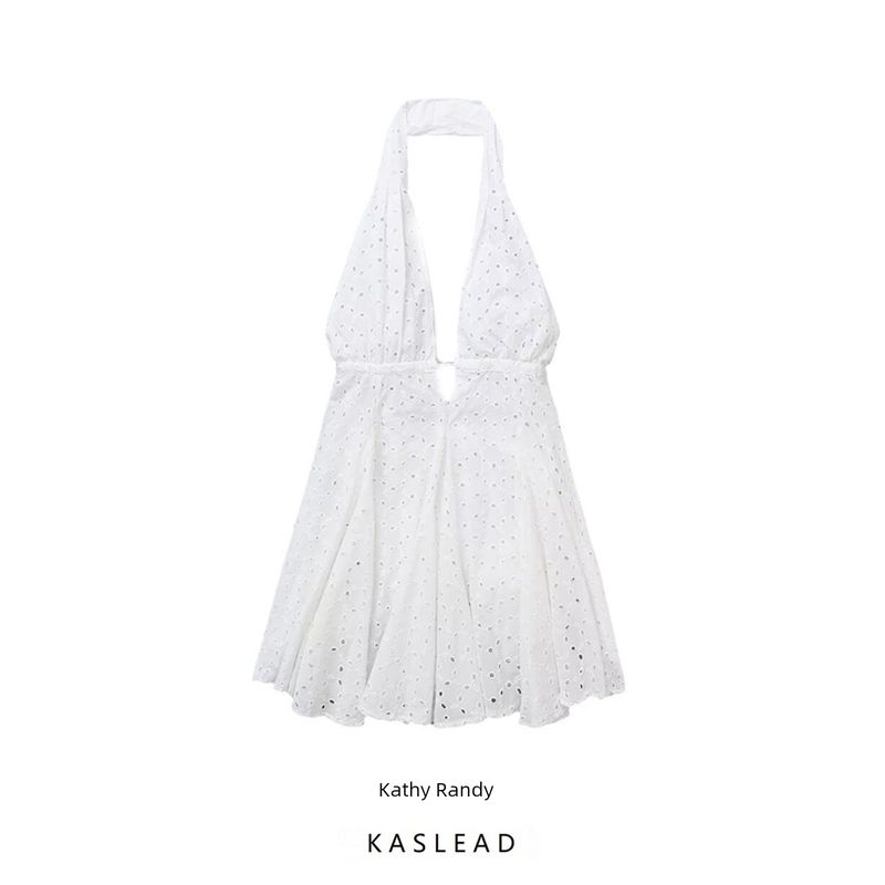 Kaslead New Arrival Women's Clothing Fashion Style Fashion Casual Cut Out Embroider Hanging Collar Dress 4786282
