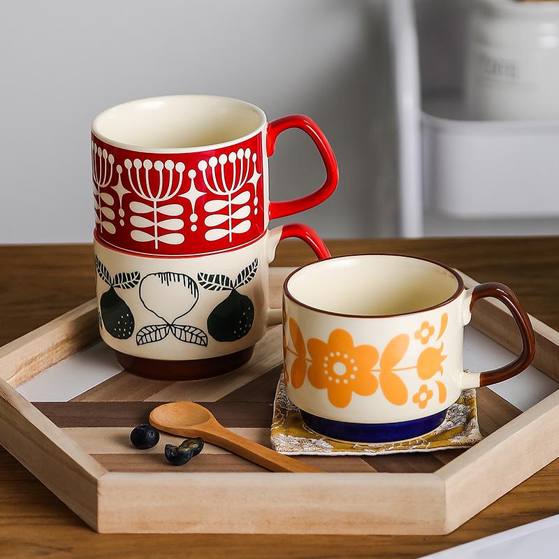 Japanese Retro INS Ceramic Drip Coffee Mug with Print - Stackable Creative Couple Breakfast Cup