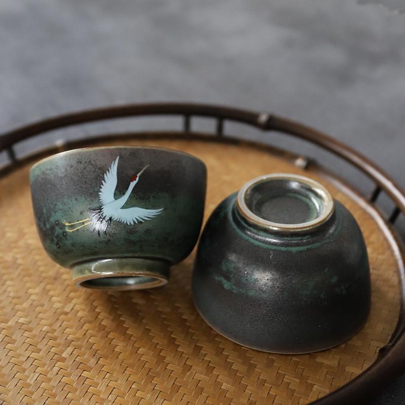 70ml Handmade Ceramic Tea Cup Kung Fu Japanese Tea Set Radiant Crane Auspicious Cup