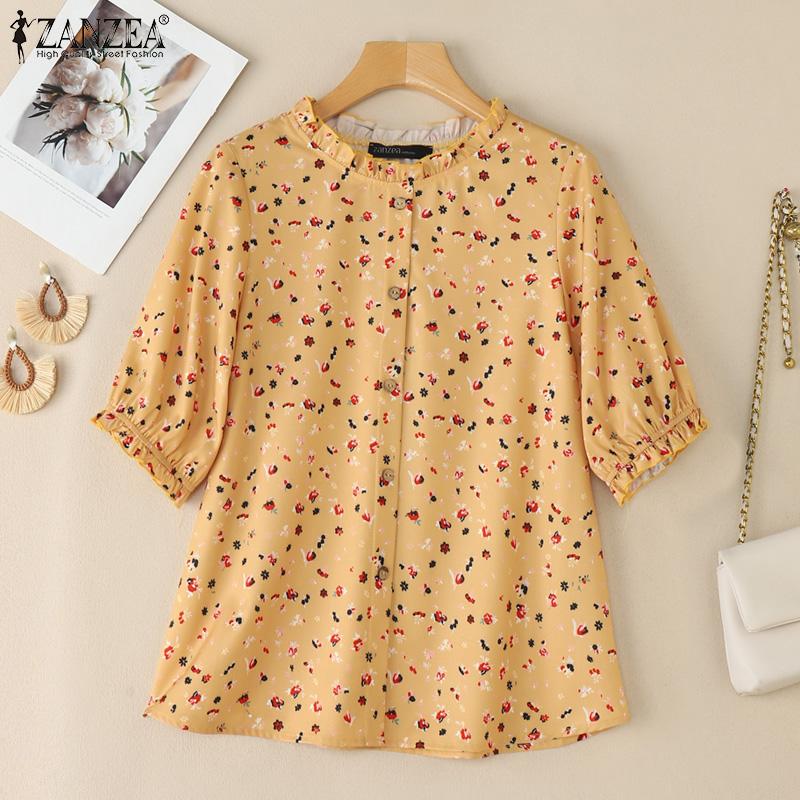 ZANZEA Women Casual Round Neck Short Sleeve Summer Floral Print Blouse