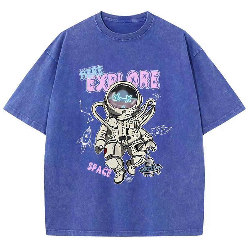 Street Women Cotton Washed T-Shirt Here Explore Space Astronaut Prints Print Tee Shirt Loose Tops Casual Female Clothes